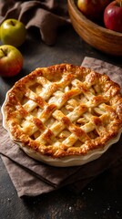 Delicious homemade apple pie with golden lattice crust on rustic table