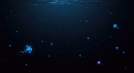 A mesmerizing underwater scene with jellyfish and stars in a dark blue ocean.