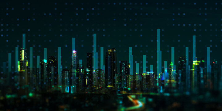 Global Market Trends and Financial Data Visualization Merging with Urban Smart City Landscape. - Powered by Adobe
