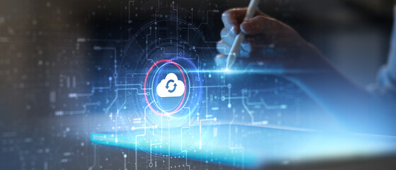 Cloud Computing and Data Synchronization Technology Illustrated on Futuristic Digital Interface.