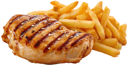 Delicious fresh grilled chicken breast steak with french fries isolated on a white background served as a tasty fried snack for a hot lunch or dinner meal