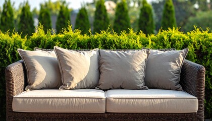 A comfortable wicker sofa with beige cushions and pillows in a serene outdoor garden setting surrounded by lush green trees and hedges