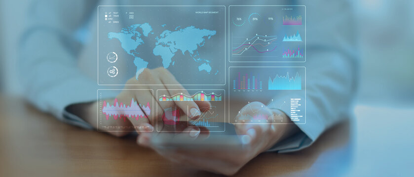Global Data Analytics and Business Intelligence Dashboard Displayed on a Laptop Interface. - Powered by Adobe