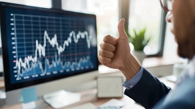A confident business professional giving a thumbs up in front of a successful financial graph on a computer screen.