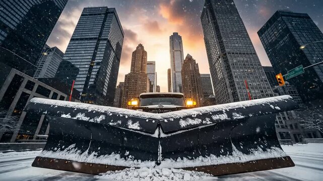 Snow Plow in Urban Landscape During Winter Sunset: A Detailed View of a Snow-Covered Plow Vehicle Framing Skyscrapers Bathed in Golden Light