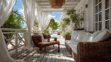 Fototapeta premium Breezy white porch with wicker sofa furniture and flowing white curtains showing tropical resort vibe with sunlight filtering through.