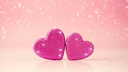 Obraz premium Two sparkling pink hearts symbolize love and affection against a magical bokeh background