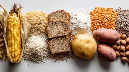 Diverse healthy carbohydrates including bread, corn, potatoes, flour, and nutritious nuts