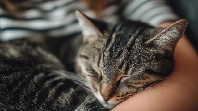 A relaxed tabby cat naps contentedly while being held, showcasing trust and affection. The soft lighting and striped fur create a soothing, heartwarming atmosphere perfect for pet lovers