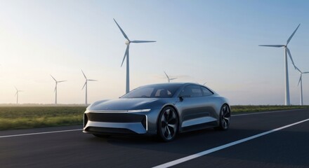 Sleek car on road, windmills in background