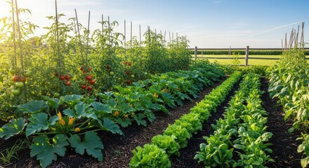 A vibrant garden with rows of green and red vegetables, including tomatoes, lettuce, and squash, under a clear blue sky with scattered clouds.