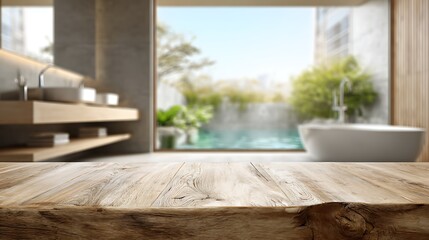 Empty rustic wooden table foreground with blurred modern bathroom backdrop