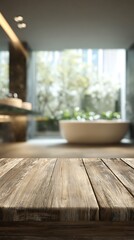 Empty wooden surface with blurred contemporary bathroom and tub