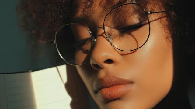 A confident young woman with stylish round glasses and voluminous curls is captured in soft, golden sunlight. Her expressive eyes and smooth complexion create a modern, artistic vibe