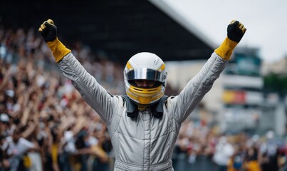 Triumphant racecar driver celebrating victory on track