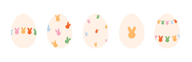 Cute Easter eggs decorated with bunny shapes and playful spring patterns. Flat vector illustrations for Easter holiday design, kids products, greeting cards  isolated on white background.