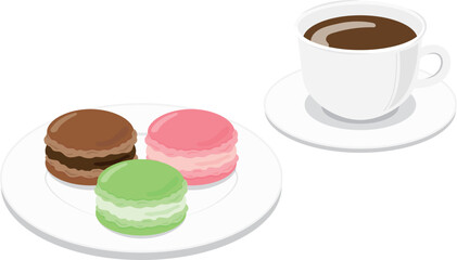 お皿に並んだマカロンとコーヒーのティータイムセット