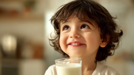 Happy child enjoying milk in bright kitchen. Joyful moment captures innocence and warmth. Perfect image for parenting or nutrition themes. Celebrates healthy lifestyle and childhood.