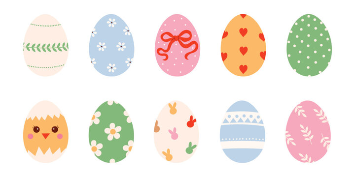 Bundle of traditional decorative Easter eggs with floral and heart patterns. Spring holiday elements. Flat vector illustration for religious holiday celebration.