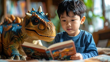 Fototapeta premium The Young Explorer and Dino Buddy: A young child engrossed in a captivating story, sharing the joy of reading with a friendly dinosaur companion in a warm and inviting setting.
