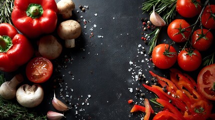 Fresh organic bell peppers tomatoes mushrooms garlic and spices on dark surface