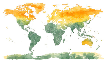 A watercolor of the map with vibrant colors and outlined borders isolated on a transparent background