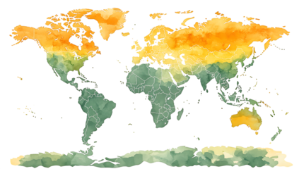A watercolor of the map with vibrant colors and outlined borders isolated on a transparent background