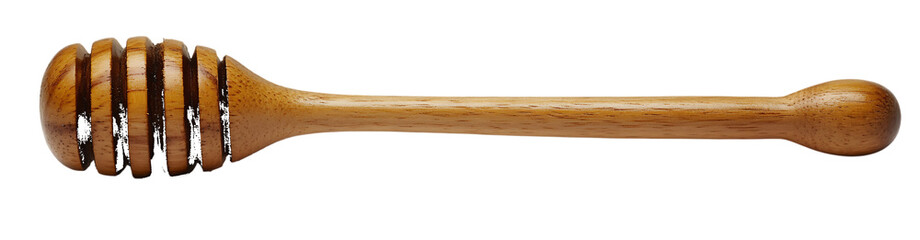 A wooden honey dipper with an oval shape at one end and a smooth handle isolated on a transparent background