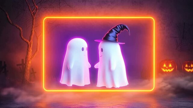 Two playful ghosts in a spooky atmosphere, glowing neon frame, perfect for Halloween-themed designs and decorations.