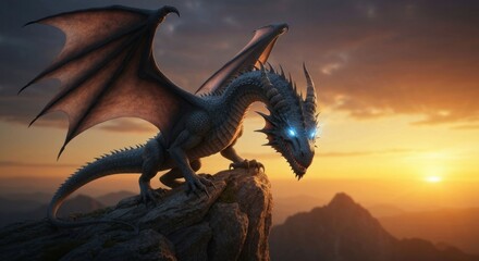 White dragon on peak, sunset background