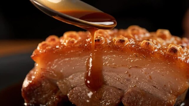 Rich Gravy Poured Over Crispy Golden Pork Belly Crackling
