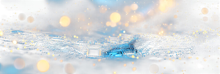 Close up of a blue circuit board with intricate electronic components and glowing lights in a futuristic... isolated on a transparent background