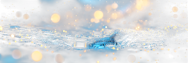Close up of a blue circuit board with intricate electronic components and glowing lights in a futuristic... isolated on a transparent background