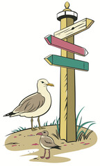 Seagulls at the Crossroads A Coastal Directional Sign Illustration.