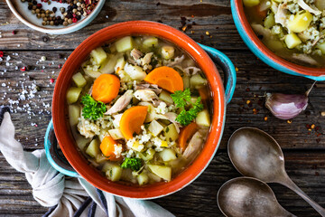 Krupnik - polish barley soup with chicken. Top view