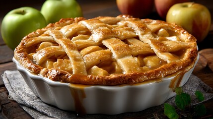 Freshly baked homemade apple pie with golden lattice crust and caramel drizzle