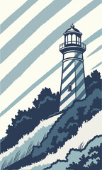 Striking Lighthouse Illustration with Coastal Charm and Atmospheric Sky.