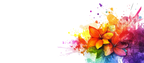 Colorful abstract floral splash with vibrant orange red pink yellow flowers and multicolored paint splatters isolated on a transparent background