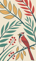 Stylized Bird Illustration with Autumn Leaves and Berries.