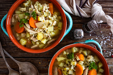Krupnik - polish barley soup with chicken. Top view