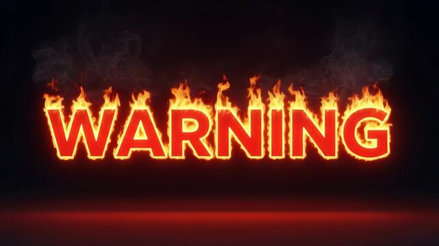 A warning sign with burning flames and smoke on a dark background
