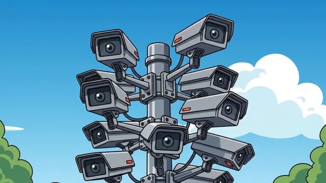 Massive Surveillance Camera Pole Cartoon Illustration