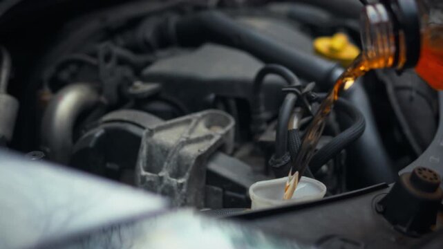 Skilled mechanic carefully pours specialized windshield washer fluid into car engine compartment for routine automobile maintenance, ensuring the vehicle's window cleaning system functions optimally