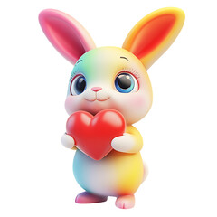 Cute cartoon rabbit with rainbow colors holding a red heart in front of itself isolated on a transparent background
