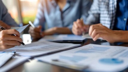 A close-up of hands analyzing documents during a team meeting for effective project planning and collaboration.