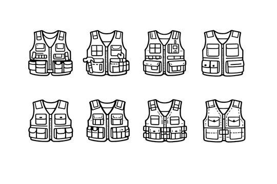 Clothing and accessories icon set. Featuring vests, pockets, garments, apparel, utility, fashion, wear, style and more.