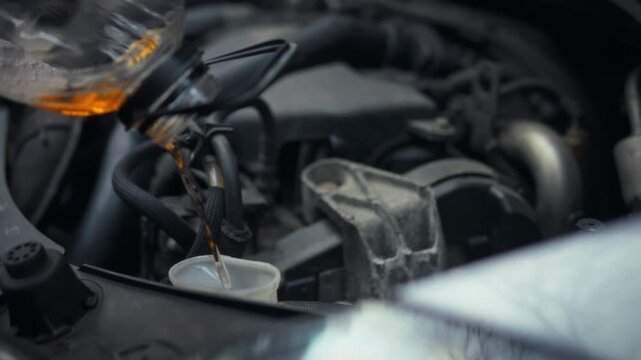 Technical fluid is being carefully poured into the car engine compartment's designated neck for the windshield washing mechanism, ensuring a clean and functional window cleaning system