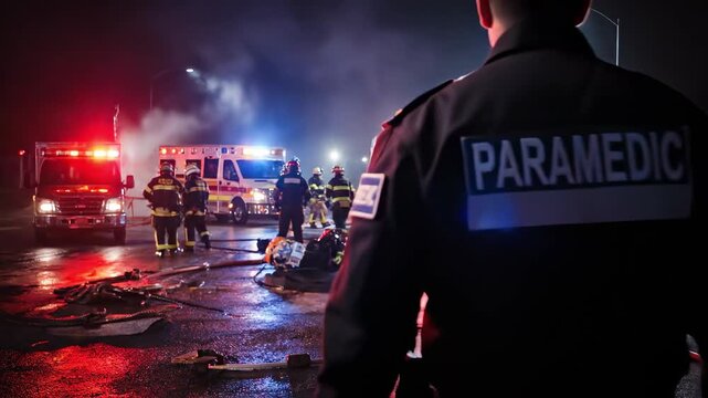 Close-Up Image of a Paramedic Uniform with a Focus on the 'Paramedic' Insignia, Set Against a Blurred Background of Emergency Lights and an Active Scene