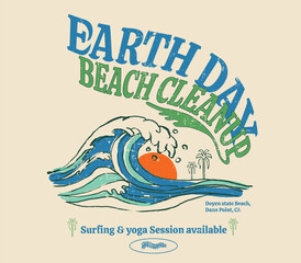 Naklejka premium Big Waves hand drawing illustration, Earth Day, Beach Cleanup slogan with typography, vintage beach print design, summer graphics design, tee sweat artwork,