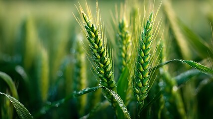 Lush green wheat ears sparkle with morning dew drops